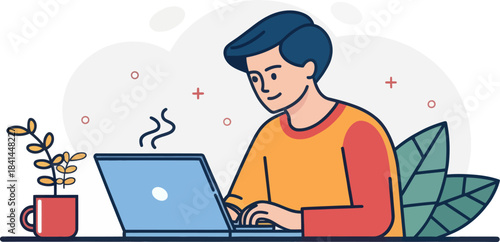 Blogger Typing Post With Coffee At Desk