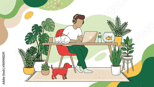 Person working remotely at home office desk with laptop, plants, and pets