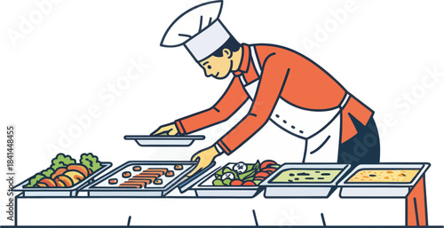 Caterer preparing buffet trays in flat icon style