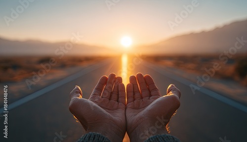 Open hands reach towards a bright sun over a long desert road