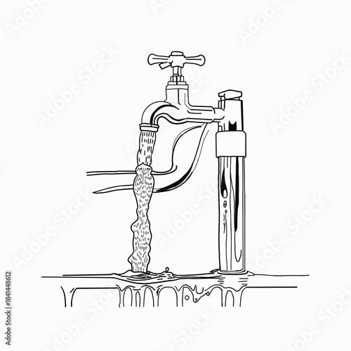 Hand-Drawn Black and White Vector Illustration of a Damaged Frost-Free Outdoor Water Faucet Hose Bibb with Burst Pipe Leaking and Spraying Water Waste on the Ground – Plumbing Repair, Water Loss, Leak