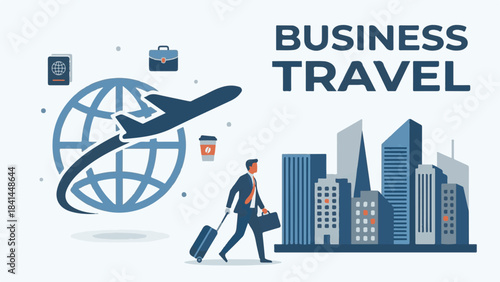 Business Travel Illustration with Businessman, Plane, Globe, Cityscape