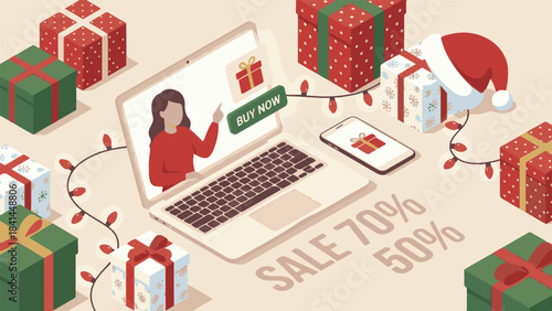 Online Shopping: Isometric Illustration with Sales & Gift Boxes