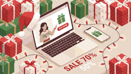 Online Shopping with Laptop, Smartphone, Gifts, and Sale Discounts