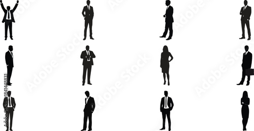 Diverse business people silhouettes in various poses isolated on transparent background