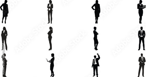 Multiple business people silhouettes in various poses isolated on transparent background