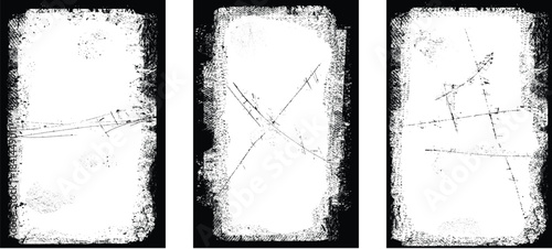 Border frames vector set,  rough edges, scratches for poster design. Rectangular frame template collection . distress texture . Grunge frame borders isolated on the background . Rough edges effect . 