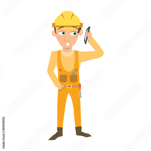 Surprised construction worker talking on a mobile phone. Concept of site communication