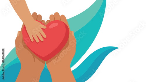Hands of adult and child holding red heart, symbolizing care and love
