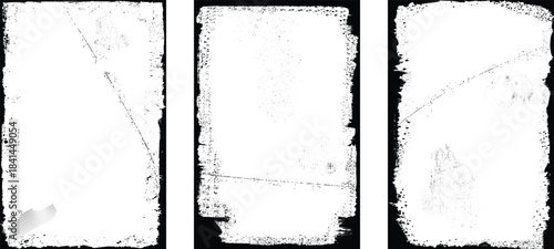 Border frames vector set,  rough edges, scratches for poster design. Rectangular frame template collection . distress texture . Grunge frame borders isolated on the background . Rough edges effect . 