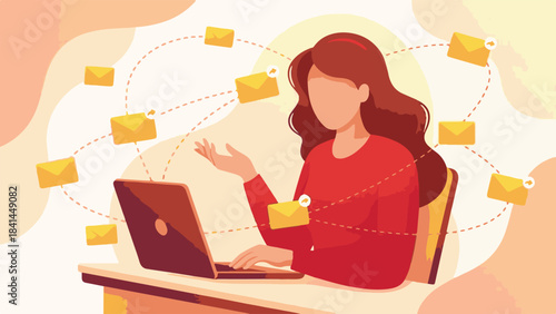 Woman working on laptop, managing email communication with flowing envelopes