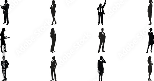 Collection of business people silhouettes in various poses isolated on transparent background
