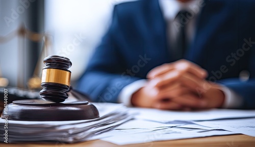 Judge in a suit sits at a desk with gavel and documents