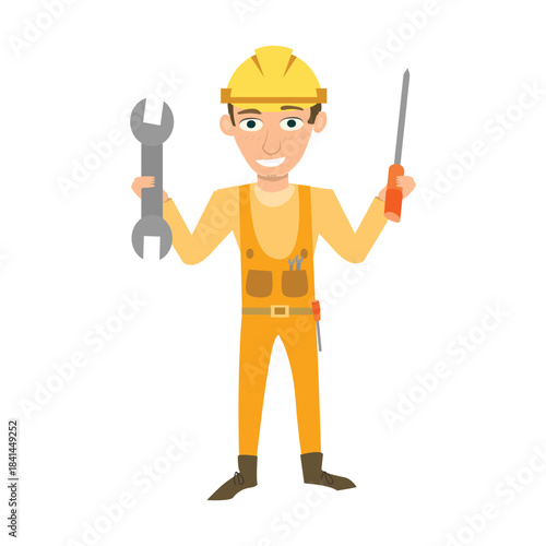 Construction worker in orange overalls holding a wrench and screwdriver