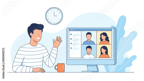 Man on a virtual video conference call with remote team members
