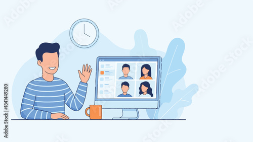 Happy man attending a virtual team meeting or online call on computer