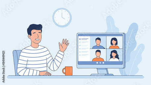 Man waving during online video conference call on computer