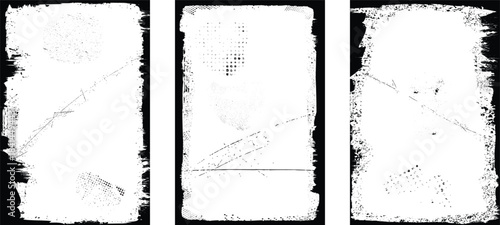 Border frames vector set,  rough edges, scratches for poster design. Rectangular frame template collection . distress texture . Grunge frame borders isolated on the background . Rough edges effect . 