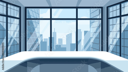 Modern Office Interior with City Skyline View and Empty Desk