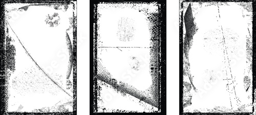 Border frames vector set,  rough edges, scratches for poster design. Rectangular frame template collection . distress texture . Grunge frame borders isolated on the background . Rough edges effect . 