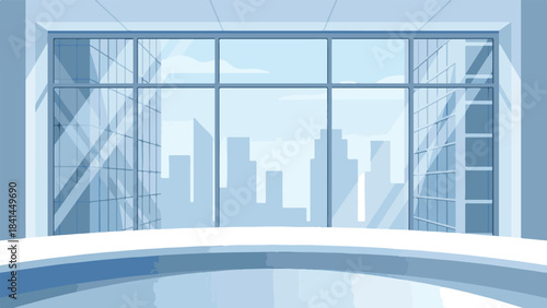 Modern Office Interior with City Skyline View Through Large Window