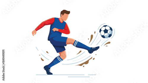 Soccer player kicking ball, dynamic sports illustration on white background
