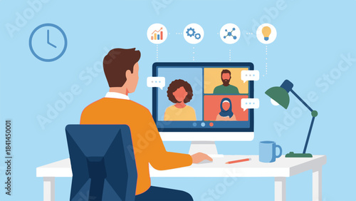 Person on video call with team, illustrating remote work and collaboration