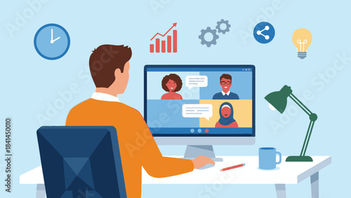 Person on video call with team, illustrating remote work and collaboration