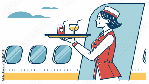 Flight Attendant Serving Drink on Airplane Cabin