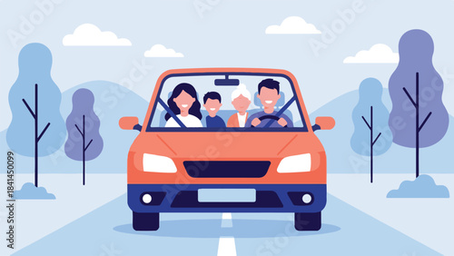 Happy multi-generational family enjoying a road trip in a car illustration