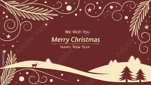 Gold Christmas and New Year Typographical on red Xmas background with winter landscape with snowflakes. Happy Holidays printable banner, card, vector with Christmas snowflake card, winter, clipart, 