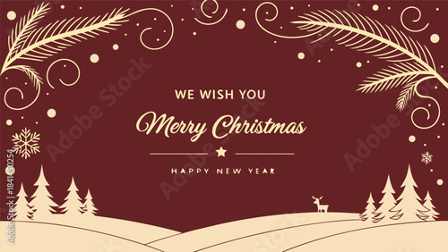 Gold Christmas and New Year Typographical on red Xmas background with winter landscape with snowflakes. Happy Holidays printable banner, card, vector with Christmas snowflake card, winter, clipart, 