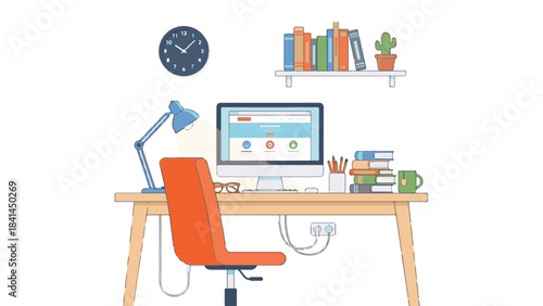 Clean and minimalist home office desk setup with computer and supplies