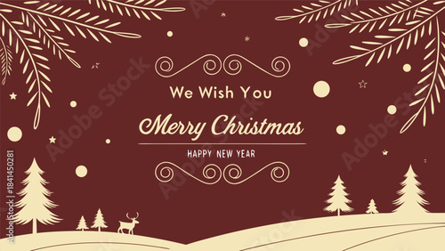 Gold Christmas and New Year Typographical on red Xmas background with winter landscape with snowflakes. Happy Holidays printable banner, card, vector with Christmas snowflake card, winter, clipart, 