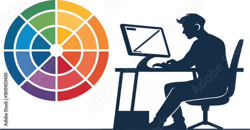 Graphic designer at computer icon representing creative work