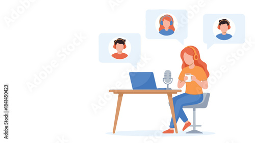 Woman hosting an online podcast or remote meeting with virtual participants