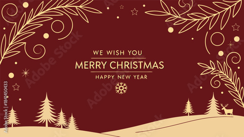 Gold Christmas and New Year Typographical on red Xmas background with winter landscape with snowflakes. Happy Holidays printable banner, card, vector with Christmas snowflake card, winter, clipart, 