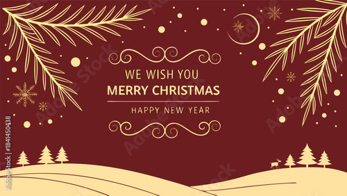 Gold Christmas and New Year Typographical on red Xmas background with winter landscape with snowflakes. Happy Holidays printable banner, card, vector with Christmas snowflake card, winter, clipart, 