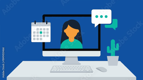 Virtual meeting or online communication with a woman, calendar, and chat icons