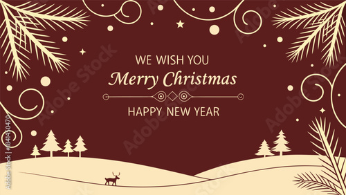 Gold Christmas and New Year Typographical on red Xmas background with winter landscape with snowflakes. Happy Holidays printable banner, card, vector with Christmas snowflake card, winter, clipart, 