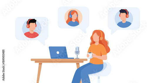 Woman hosting an online podcast or remote meeting with virtual participants