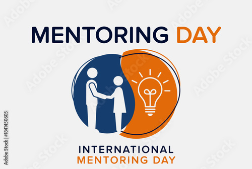 International Mentoring Day graphic with two figures shaking hands and a lightbulb, symbolizing guidance, knowledge sharing, and inspiration.