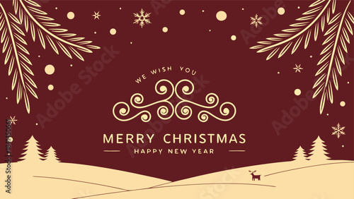 Gold Christmas and New Year Typographical on red Xmas background with winter landscape with snowflakes. Happy Holidays printable banner, card, vector with Christmas snowflake card, winter, clipart, 