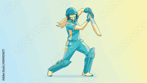 Geometric illustration of female cricket player batting in uniform