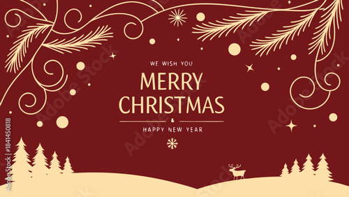 Gold Christmas and New Year Typographical on red Xmas background with winter landscape with snowflakes. Happy Holidays printable banner, card, vector with Christmas snowflake card, winter, clipart, 