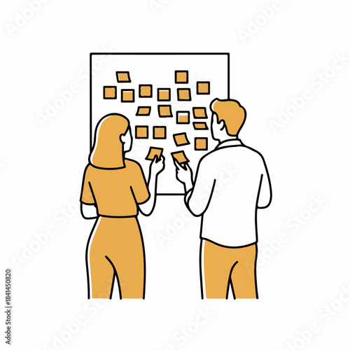 Clean Outline Illustration of Two Colleagues Planning Workflow with Sticky Notes – Vector