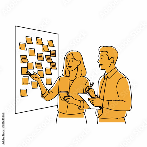 Clean Outline Illustration of Two Colleagues Planning Workflow with Sticky Notes – Vector