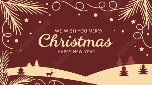 Gold Christmas and New Year Typographical on red Xmas background with winter landscape with snowflakes. Happy Holidays printable banner, card, vector with Christmas snowflake card, winter, clipart, 