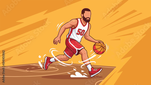 Dynamic vector illustration of a basketball player dribbling on a court