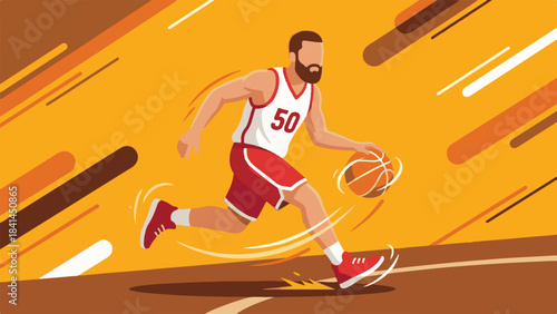 Dynamic vector illustration of a basketball player dribbling on a court